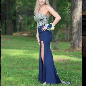 Navy blue with gold embroidery prom dress